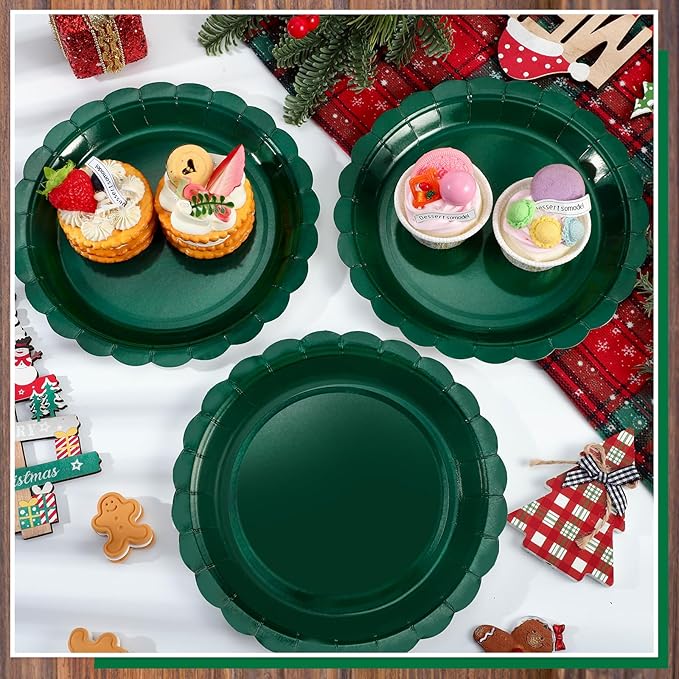 30 Pcs Dark Green Plates 9 Inch Scalloped Green Paper Plates Disposable Dessert Dinner Plate for Wedding, Master Party, Bridal Baby Shower