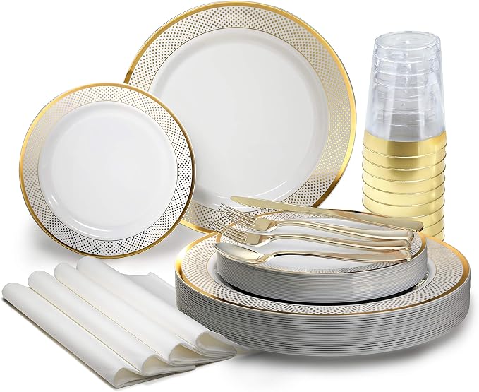 " OCCASIONS " 200pcs set (25 Guests)-Heavyweight Wedding Party Disposable Plastic Plate Set -25 x 10.5'' + 25 x 7.5'' + Silverware + Cups + Napkins (Sundance in White & Gold) by OCCASIONSFINESTPLASTICTABLEWARE