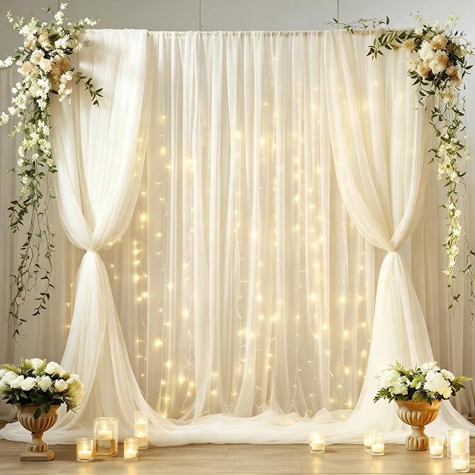 20ft x 8ft Ivory Backdrop Curtain Panels with Lights String for Parties, Sheer Tulle Wedding Backdrop Drapes for Baby Shower Birthday Party Home Decorations by Shillance