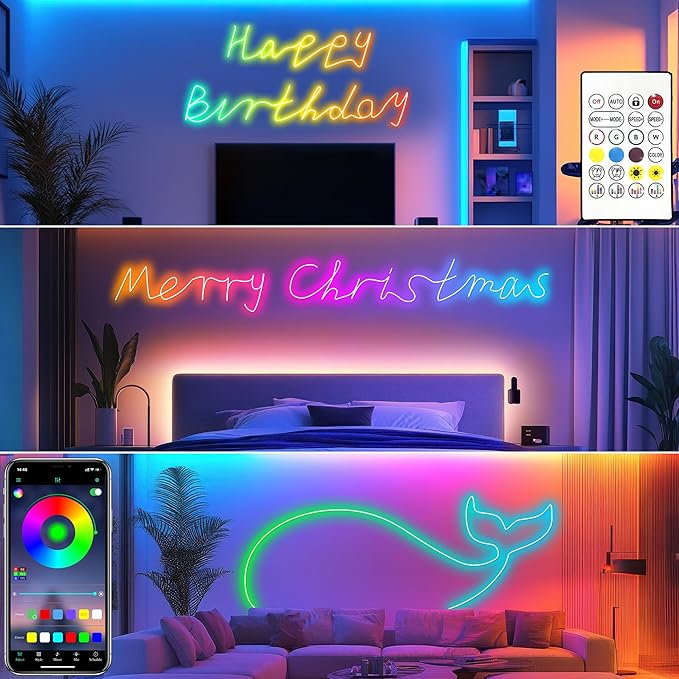Cozylady 66Ft (33Ft * 2 Rolls) RGB LED Neon Rope Lights for Bedroom, 20m LED Strip Lamp with Double Sided Adhesive Tape, App/Remote Control DIY Lights Decorate The Outdoor and Indoor of Your Home