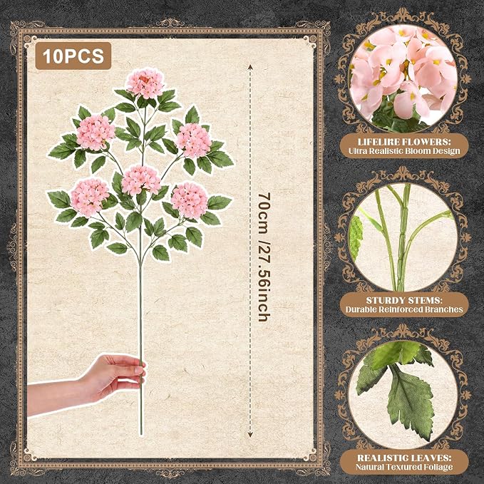 10 Pcs 27.5 Inch Hydrangea Artificial Flower Stem for Vase,Pink | 6-head Long Stem Fake Flowers Bouquets, Faux Silk Vintage Flower Decor, for Home Wedding Tall Vase Centerpieces Outdoor Decor - Image 2