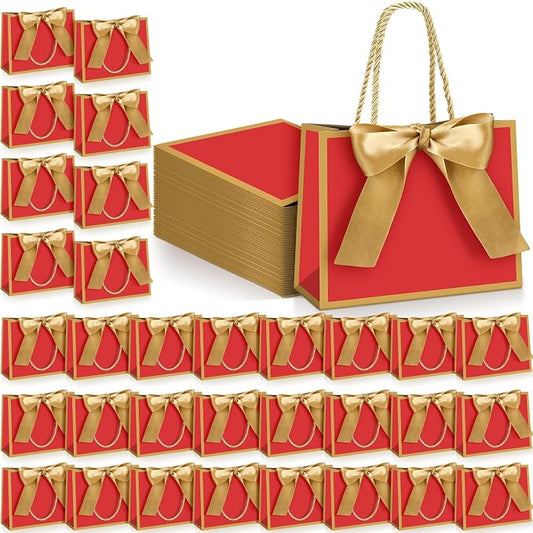 Kolldenn 50 Pcs Metallic Gift Bags with Handle 7.5 x 6 x 2.8 Inch Small Red Gold Thank You Bag with Bow Ribbon for Christmas Wedding Birthday Bridal Shower Bridesmaid Graduation Party Favor by Unknown