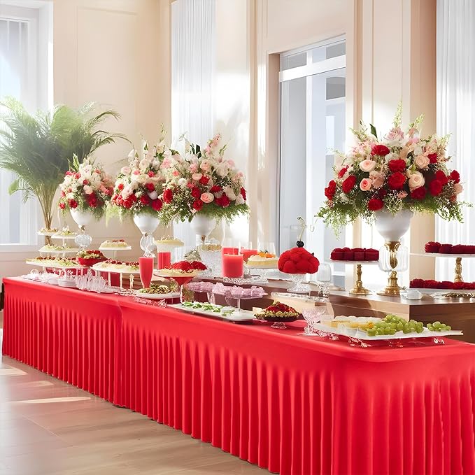 6 pk Red Spandex Tablecloth 6ft with Ruffle Skirt,Wrinkle Free High Stretch Fitted Tablecloths for 6 Foot Rectangle Tables,Pleated Skirts Spandex Table Covers 6ft for Christmas Party Banquet Wedding - Image 7