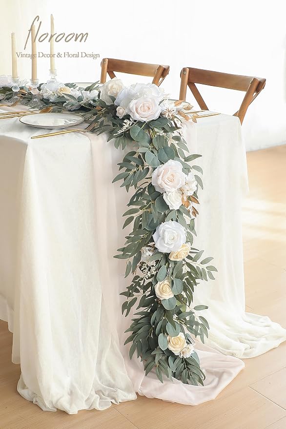Floroom 6ft Artificial Eucalyptus Garland with Flowers Fake Greenery Faux Floral Vine Garland for Table Decor Wedding Centerpieces Bridal Shower Party Decorations, Cream White - Image 2