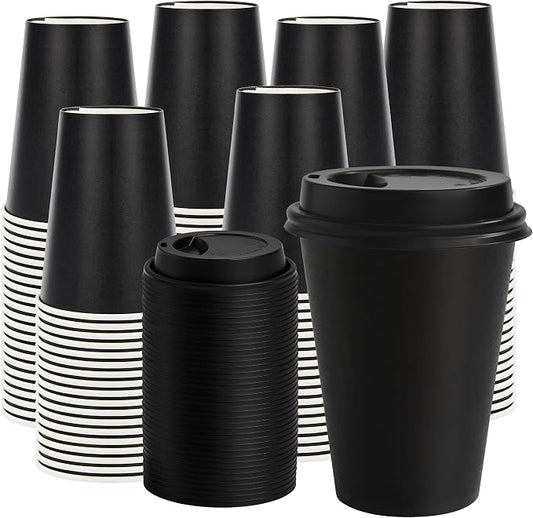 12 oz Paper Coffee Cups with Lids 100 Pack | Black Disposable Hot Coffee Cups with Lids, To Go Cups, for Parties, Picnic, Travel, and Events by VPACKDUO