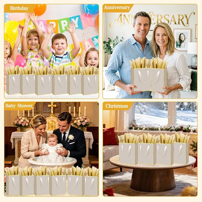 Epoesch 24 Pack Gift Bags with Handles & 24 Tissue Papers – 8x5x10 Inches | Champagne with Gold Edge for Birthday, Weddings, Baby Showers, Holidays, Christmas, Thank You & Welcome Gifts - Image 4