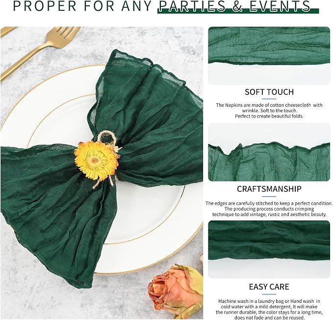 84 Packs Gauze Cheesecloth Napkins 20 x 20 Inch Emerald Green Wrinkled Dinner Napkins, Dark Green Rustic Boho Soft Cloth Napkin for Wedding Party Event Dinner Table Decoration - Image 3