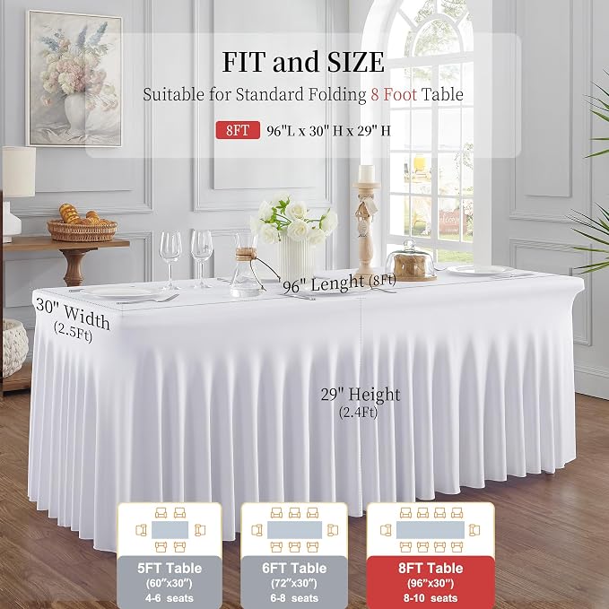 Outpain 2 Pack White Table Clothes for 8 Foot Rectangle Tables, One-Piece Wrinkle Resistant Stretch Spandex Table Covers with Skirt for Event Banquet Wedding Birthday Party - Image 5