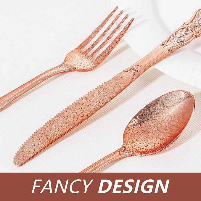 150PCS Rose Gold Plastic Silverware - Heavy Duty Elegant Disposable Utensils - Vintage Rose Gold Cutlery Set Includes 50Forks, 50Spoons, 50Knives for Dinner Parties Weddings