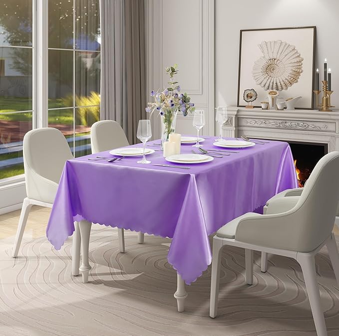 1 Pack Rectangle Satin Tablecloth 60 x 84 Inches Table Cover, Bright Overlay Table Cloth Silky Smooth Fabric Tablecloth Table Decor for Wedding Banquet Table Decoration, Light Purple