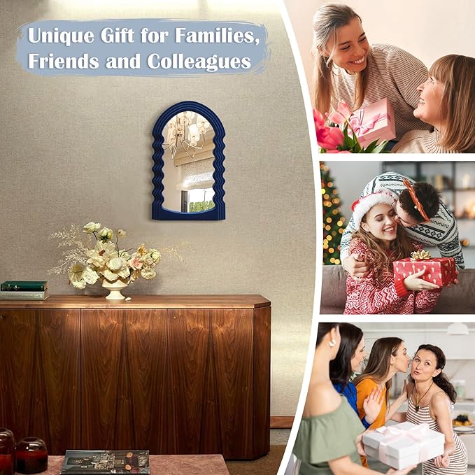 Small Wavy Wall Mirror Living Room Decor, Irregular Decorative Mirrors with Flocking Touch, Modern Squiggly Mirror for Bedroom Hallway Entryway Game Room Decoration (Dark Blue)