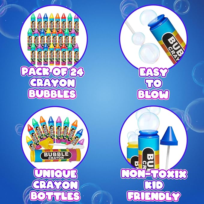 Mini Crayon Bubbles for Kids - (Pack of 24) Bulk 1 Fl Oz Bottles with Wands - Crayon Shape Bubbles in Bright Assorted Colors - Non-Toxic Mini Outdoor Party Favor Toys, Goodie Bags for Spring & Summer