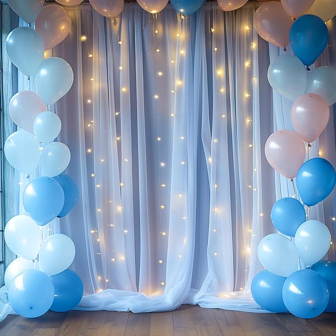 20ft x 10ft Blue Backdrop Curtain with Lights String for Parties, Sheer Tulle Wedding Photo Backdrops Drapes for Baby Shower Birthday Party Decorations Background for Photography - Image 3