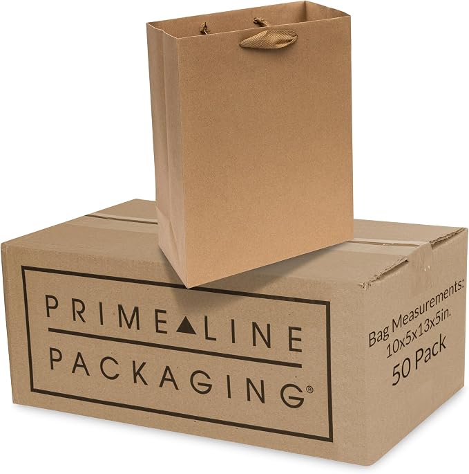 Prime Line Packaging Kraft Shopping Bags with Handles 10x5x13 Inch 50 Pack Brown Gift Bags for Small Business, Boutiques, Retail, Merchandise, Bulk by PrimeLinePackaging