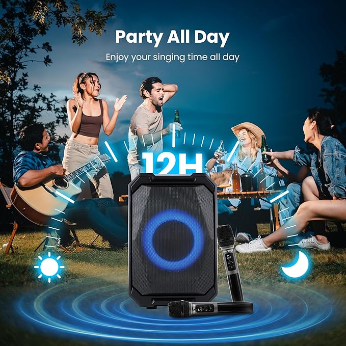 Karaoke Machine with 2 Wireless Microphones, Portable Bluetooth Party Karaoke Speaker with LED Lights, Bass/Treble Adjustment, TWS, 800W(Peak) PA System for Home Party, Supports USB/AUX/REC/Mic-in