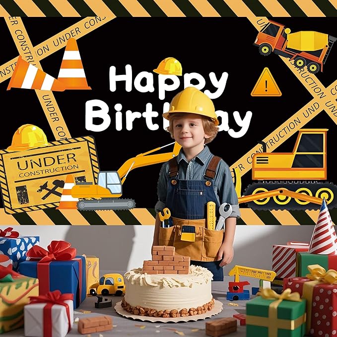 Cute Construction Birthday Party Backdrop Under Construction Happy Birthday Banner Excavator Bulldozer Cement Mixer Photography Background for Boys Party Decorations Supplies 70.8 x 47.2 Inch