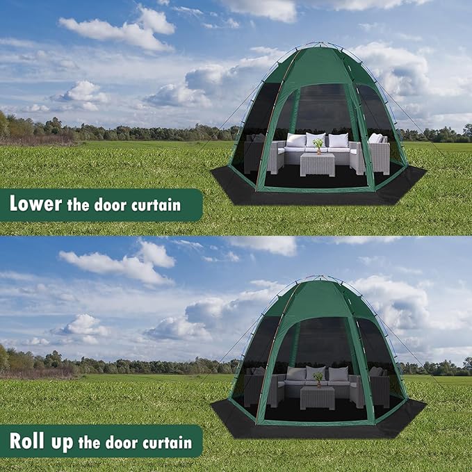 Screen Tent with Removable Floor, Siebwin 11.8FT x11.8FT Six-Sided Gazebos with Mosquito Netting Sunproof Outdoor Canopy Tent for 6-8 People Family Backyard Party Outside Activities, Green