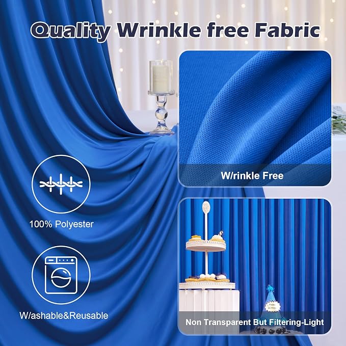 30ft×8ft Wrinkle Free Royal Blue Backdrop Curtain for Parties, 6 Panels 5×8ft Soft Silky Polyester Blue Photo Backdrop Drapes for Boss Baby Birthday Party Wedding Photography Background - Image 2