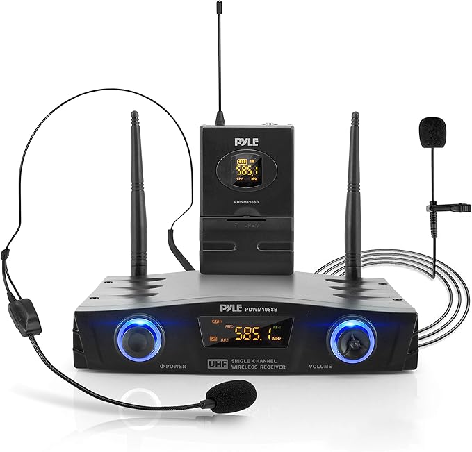 PYLE Compact UHF Wireless Microphone System - Pro Portable 1 Channel Desktop Digital Mic Receiver Set w/ Belt-Pack Transmitter, Receiver, Headset and Lavalier Mics, XLR, For Home, PA PDWM1988B,Black