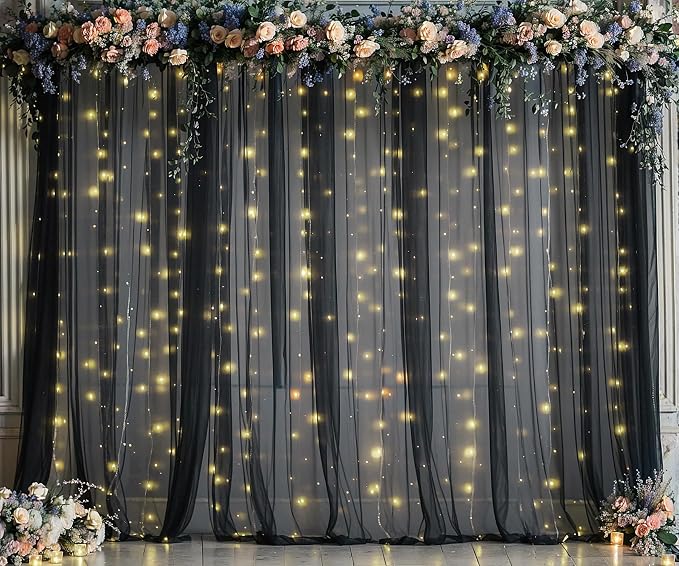 Black Sheer Backdrop Curtains with Lights String for Parties Birthday 10ft × 8ft Black Tulle Backdrop Curtain for Baby Shower Wedding Graduation Halloween Party Photo Shoot Decorations - Image 4