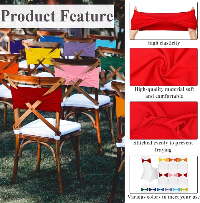 Mixweer 36 Pcs Multicolor Spandex Chair Sashes Bows Elastic Chair Bands Without Buckle Assorted Color Stretch Slider Covers Ties for Wedding Events Banquet Party Decoration, 5.12 x 13.78 Inch - Image 3