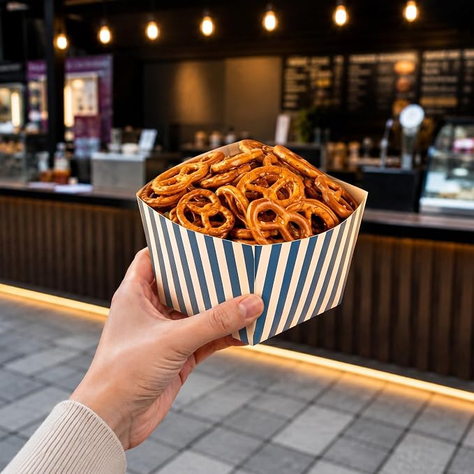 Restaurantware Bio Tek 5.3 x 5.3 x 3.3 Inch Popcorn Boxes 200 Square Mini Treat Boxes - Open-Top Design Grease Impermeable Blue And White Paper Party Favor Containers Disposable Versatile - Image 5