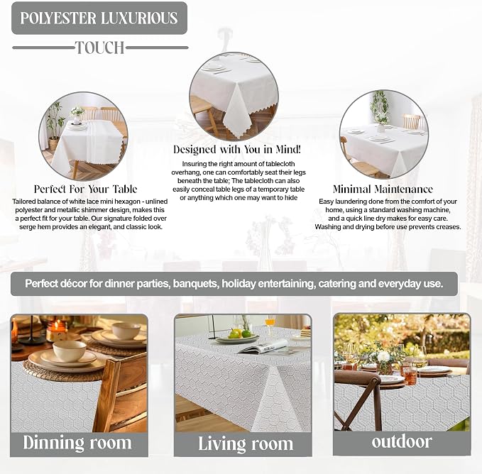 Majestic Giftware Polyester Tablecloths for Rectangle Tables - White Lace | (70/180) - TC1725UL Mini Hexagon - Unlined Design Dining Table Cover | Decorative Washable Tablecloth for Home & Kitchen - Image 4