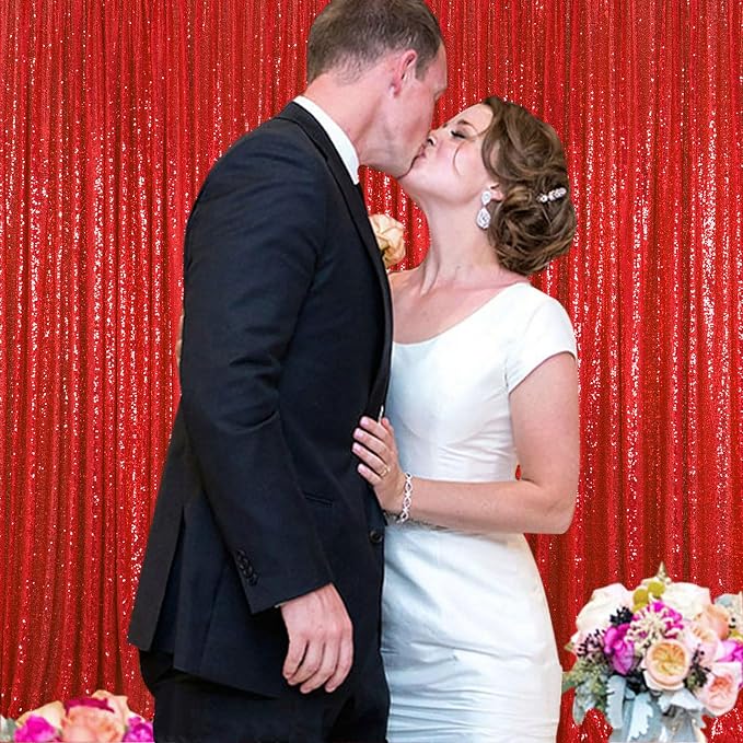 ShinyBeauty 4x10ft Red Sequin Backdrop, 2 Panels Sparkle Curtains for Wedding, Party, Event Decor & Photography - Elegant Photo Background - Valentine's Day, Fabric - Image 2