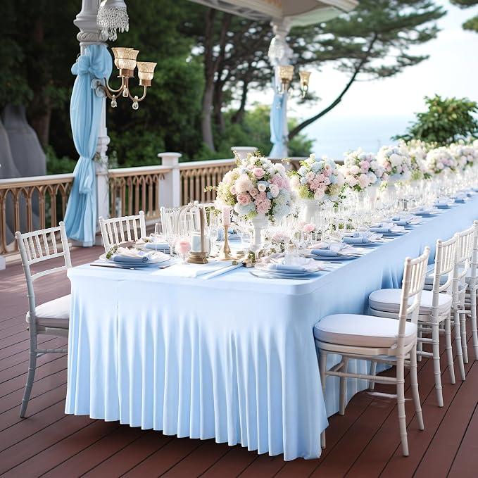 1 Pack Baby Blue Tableclothes for 8 Foot Rectangle Tables, One-Piece Wrinkle Resistant Stretch Spandex Table Covers with Skirt for Event Banquet Wedding Birthday Party - Image 6