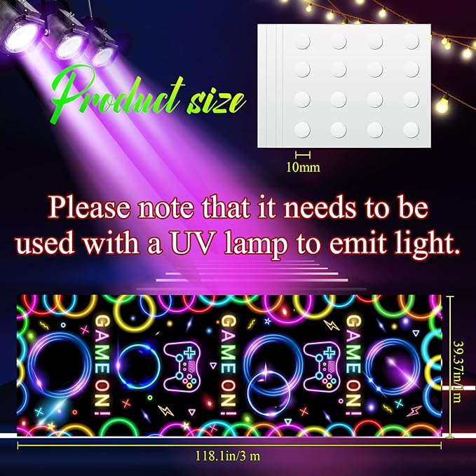 Haull 118 x 39 Inch Glow in The Dark Runner Neon Light up Dance Floor Black Light Party Decor 80s 90s Disco Party Supplies Neon Table Cloths Tapestry UV Rug Backdrop Props(Game on)