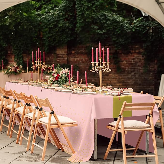 16Pack Disposable Plastic Tablecloths and Satin Table Runner Set Pink and Gold Dot Tablecloth Gold Satin Table Runner for Wedding Birthday Baby Shower Anniversary Christmas New Year Party Supplies - Image 7