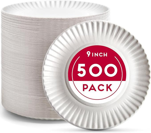 Alitte 9-Inch Disposable Paper Plates - 500 Count - Bulk Pack of Uncoated Paper Plates for Everyday Use - Dinnerware for Meals, Parties And Picnics by Alitte