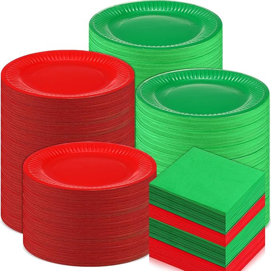Layhit 400 Pcs Christmas Disposable Paper Plates and Napkins Set | Red Green Festive Colors, Great for Christmas Party, Holiday Gatherings, Dessert Size Plates for Meals, Convenient Cleanup by ShungLan