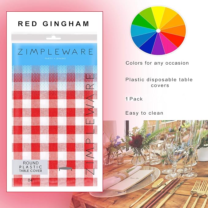 ZIMPLEWARE Red Gingham Checkered 1 Pack Standard Disposable Plastic Party Picnic Tablecloth 84" Inch Round Table Cover - Image 3