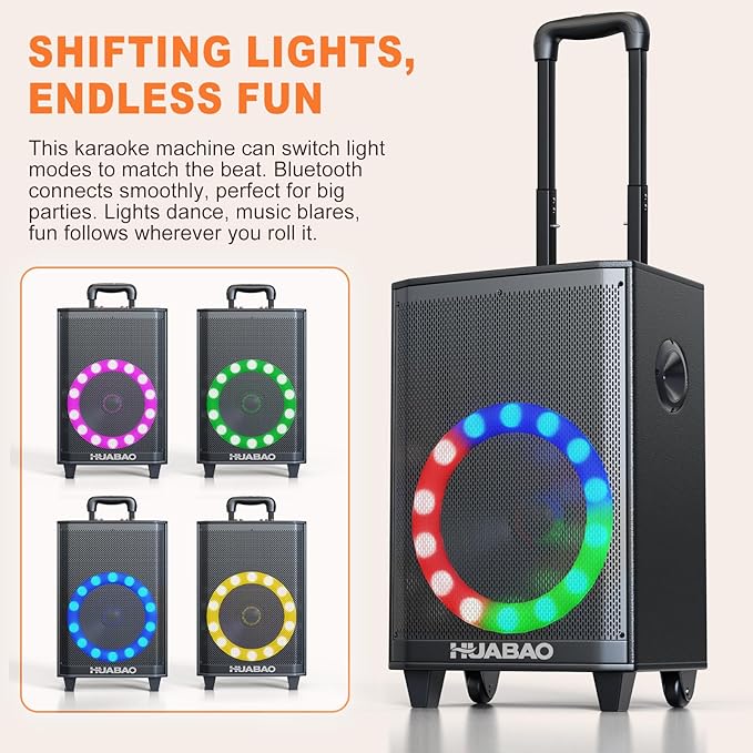Large Bluetooth Karaoke Speaker with 2 Wireless Microphones, 11 Speaker System with 8800mAh Battery, Trolley PA System with Lights, Remote, FM/AUX/USB/TF, Bass & Treble Adjust, Ideal for Outdoor Party