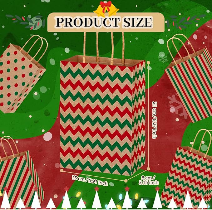 Colarr 100 Pcs Christmas Gift Bags Kraft Red Green Striped Dots Handles | Polka Dot Chevron Patterns, Party Favor Supplies, Treat Candy Goodie Bags, Holiday Wrapping, Twisted Handles for Carrying - Image 3