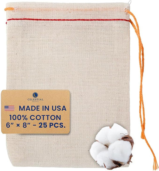 Celestial Gifts Cotton Muslin Drawstring Bags Bulk, 25pcs, 6x8 Large | Reusable 100% Cotton Muslin Gift Bags, Made in USA, Red Hem & Orange Drawstring, For Party Favor, Parts & DIY Crafts by CelestialGifts