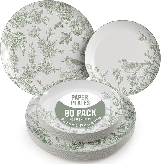 Trendables Floral Paper Plates 8.5 Inch & 10.5 Inch 80 Pcs Dinner Plate Set Fancy Disposable Plates for Party for 40 Guests 40 X 8 & 40 X 10 Large & Small Paper Plate Set for Parties Yaffa by Trendables