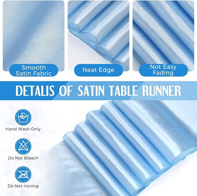 24 Packs Tablecloths Satin Runner Baby Blue and White Graduation | 54x108 Inch Disposable Tablecloth and 12x108 Inch Satin Runners for Wedding Birthday Party Baby Shower Christmas New Year - Image 4