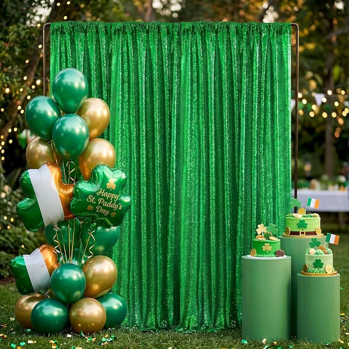 Green Sequin Backdrop Curtains-2 Panels 2FTx8FT Green Backdrop for St Patricks Day, Glitter Party Decorations Background Drapes for Wedding Birthday Anniversary Graduation Photo Booth Decor - Image 2
