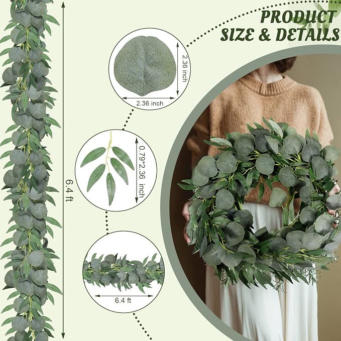 10 Pack Artificial Eucalyptus Garland with Willow Leaves 6.4 ft Artificial Greenery Vine Swag Faux Silver Dollar and Willow Leaves Garland for Wedding Table Runner Doorway Decoration Indoor Outdoor - Image 2