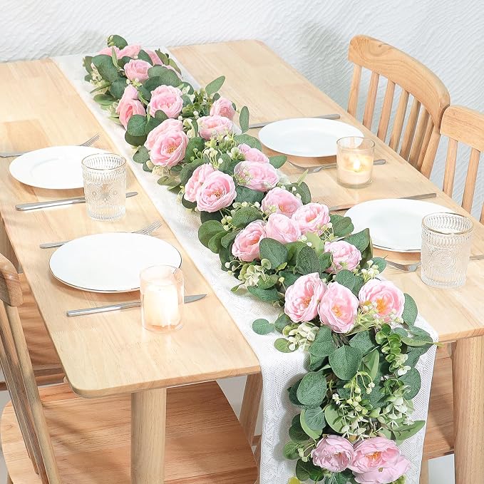 TOCHGREEN 4 Pack Artificial Eucalyptus Flower Garland with Pink Roses | Fake Rose Flower Greenery Garland Floral Vines for Wedding Centerpiece Backdrop Home Party Table Runner Valentines Day Decor - Image 4