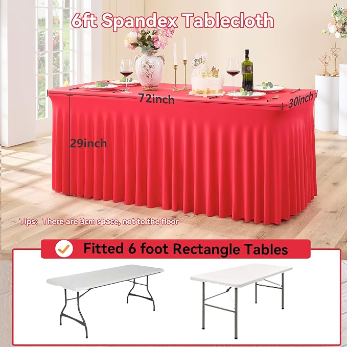 4 pk Red Spandex Tablecloth 6ft with Ruffle Skirt,Wrinkle Free High Stretchy Fitted Tablecloths for 6 Foot Rectangle Tables,Pleated Spandex Table Covers 6ft for Christmas Parties Banquet Weddings - Image 6