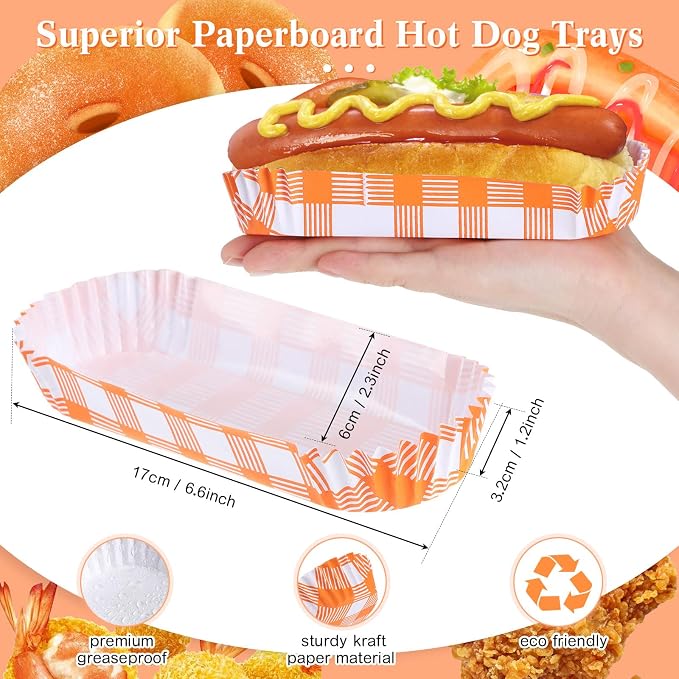 Yinkin 300 Pcs Paper Hot Dog Trays Food Trays 6 Inch,Orange,Checkered | Checkered Boats for Concession Stands Disposable Hot Dog Holder Halloween Christmas Party Carnival Supplies Serving Holders - Image 2