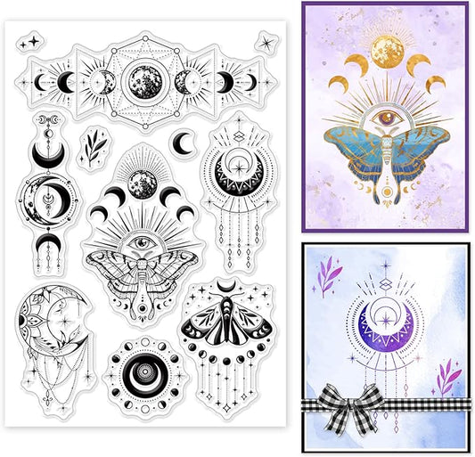 INFUNLY Clear Stamps Moon Phase Silicone Stamps Moon Dream Catcher Rubber Stamps Transparent Evil Eyes Moth Clear Stamp for Card Making DIY Scrapbooking Embossing Photo Album Decor