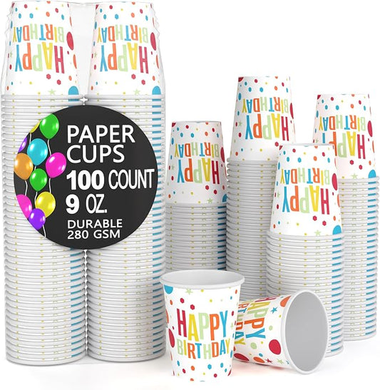Party Solids Birthday Paper Cups 9 oz - 100 Disposable Cups for Hot & Cold Drinks - Durable 280 GSM Coffee Tea Tumblers for Parties Events & To Go by PartySolids