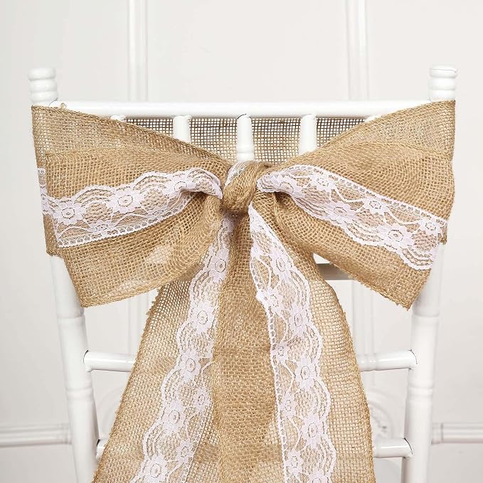 Efavormart 5"x108" | Natural Burlap with Lace Chair Sashes Covers, Hessian Fabric Rustic Jute Chair Sashes Covers, Chair Bow by efavormart
