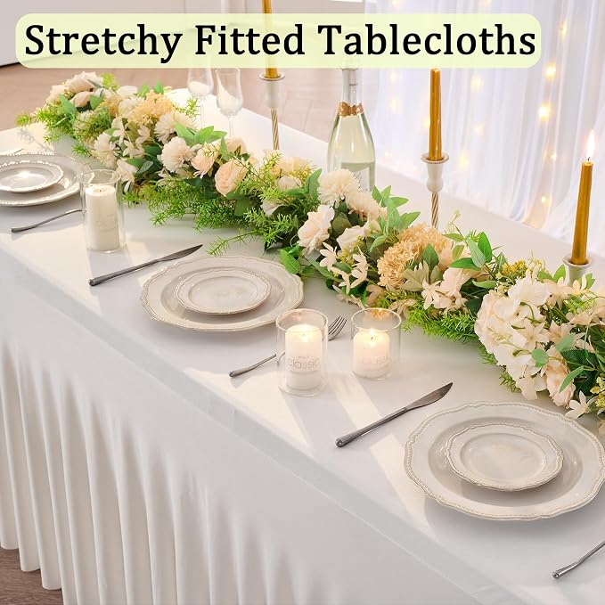 3 pk Ivory Spandex Table Clothes for 8 Foot Rectangle Tables, Stretch Table Cloths 8 ft Fitted Table Cover Desk Skirt for Parties Weddings Birthday Banquet Baby Shower - Image 2