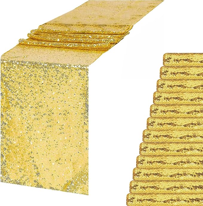 Gold Sequin Table Runner 12 Pack, 12''x108 Glitter Table Runner by WISPET