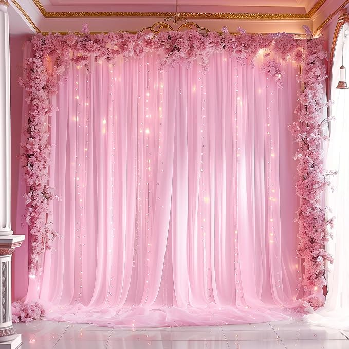 20ft x 10ft Pink Backdrop Curtain with Lights String for Parties, Sheer Tulle Wedding Photo Backdrops Drapes for Baby Shower Birthday Party Decorations Background for Photography - Image 2